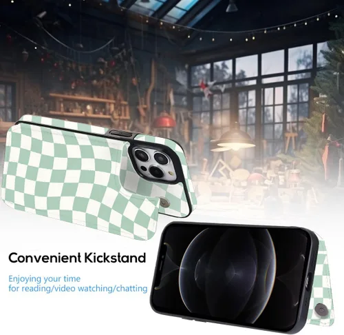 Miniatura 5 de Funda para iPhone 12/12 Pro de 6.1 pulgadas, cartera de cuero con tapa y tapa de cuero verde a la moda, diseño de tablero de ajedrez con ranuras