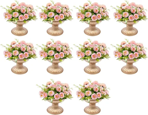 Miniatura 25 de Juego de 10 portavelas de metal dorado de 10.2 pulgadas de alto, florero, arreglo floral, candelabro, candelabro, portavelas para bodas, fiestas