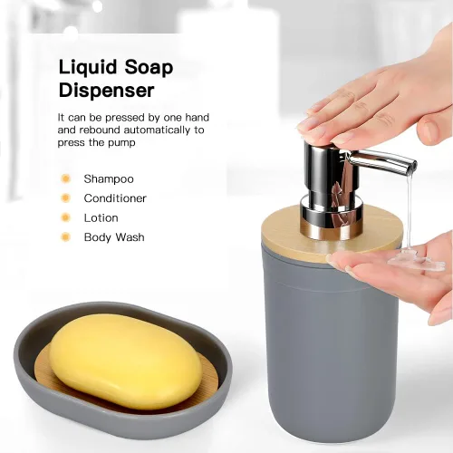 Miniatura 4 de Otostar Juego de accesorios de baño gris de bambú con soporte Qtip dispensador de jabón, soporte para cepillos de dientes, vaso, jabonera, soporte