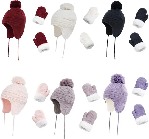 Miniatura 36 de Conjunto de guantes y gorro de invierno para niños, gorro de forro polar cálido, gorro de punto y guantes para niños y niñas