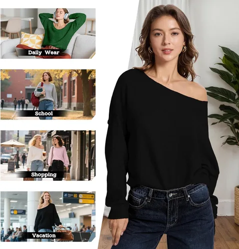 Miniatura 2 de FAlABLE - Suéter para mujer con hombros descubiertos y cuello barco, pullover holgado de manga larga, acogedor de punto, para otoño e invierno, tops