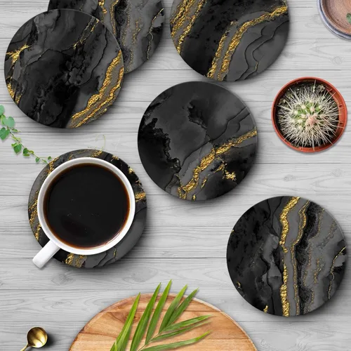 Miniatura 4 de Britimes Juego de 6 posavasos de mesa para bebidas, mármol negro, dorado, dorado natural, dorado, amarillo, café, redondo, absorbente, cerámica