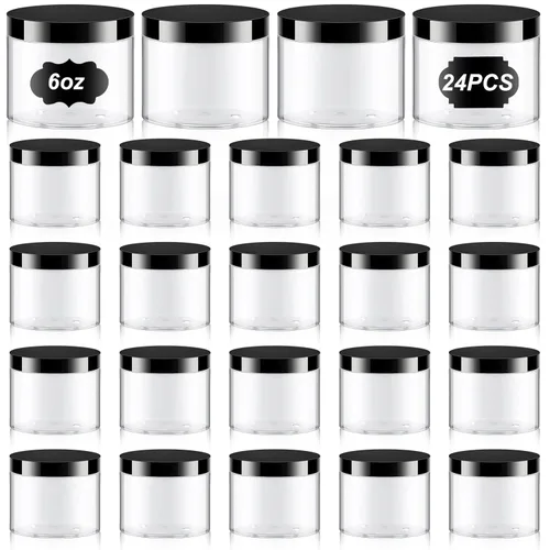 Miniatura 48 de Dandat 24 piezas 8 oz tarro de plástico con tapa y etiqueta recargable, contenedor redondo transparente vacío con muestras cosméticas PET blancas