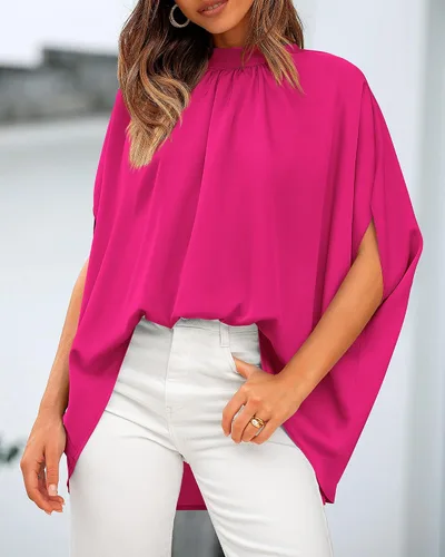 Miniatura 66 de BTFBM Blusas de verano para mujer, cuello alto falso, manga murciélago, holgadas, dobladillo alto y bajo, blusas informales de gran
