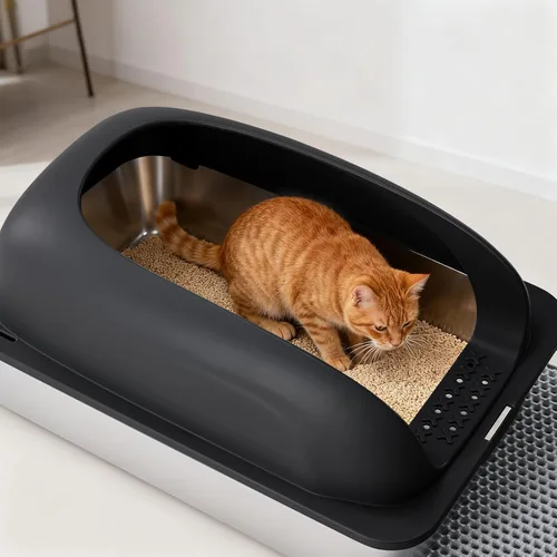 Miniatura 2 de OLIXIS Caja de arena para gatos de acero inoxidable con tapa, caja de arena grande para gatos grandes, lados de pared alta, antifugas de orina