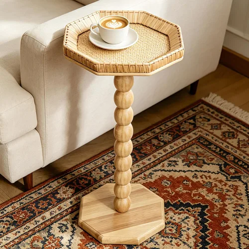 Miniatura 9 de Mesa de bebidas, mesa auxiliar redonda pequeña de ratán bohemio para espacios pequeños, mesa auxiliar circular de madera maciza para sala de estar