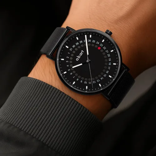 Miniatura 8 de a.b.art Reloj de cuarzo para hombre, movimiento Ronda con piezas suizas, cristal de zafiro, correa de malla milanesa, diseño ultrafino, esfera negra