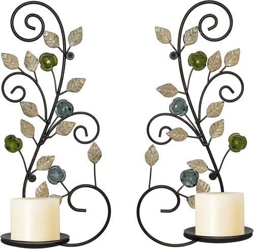 Miniatura 7 de Juego de 2 candelabros de pared, diseño de ramas de hojas multicolor antiguas, soporte de pared de metal para colgar velas para sala de estar