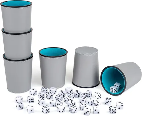 Miniatura 13 de Juego de tazas de dados con forro de fieltro de cuero PU de Reriver, 6 tazas silenciosas mezcladoras de dados con 36 dados para juegos de Bar Party