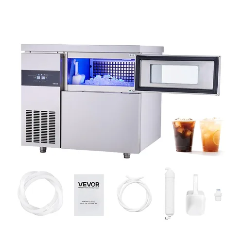VEVOR Máquina comercial para hacer hielo, máquina de hielo de acero inoxidable de 220 libras/24 horas con encimera, almacenamiento de 66 libras y