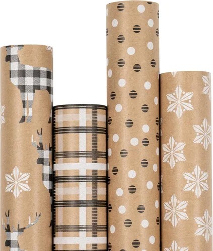 RUSPEPA - Papel para envolver regalos de Navidad, papel kraft – diseños de ciervos, copos de nieve y cuadros – 4 rollos – 30 pulgadas x 10 pies por