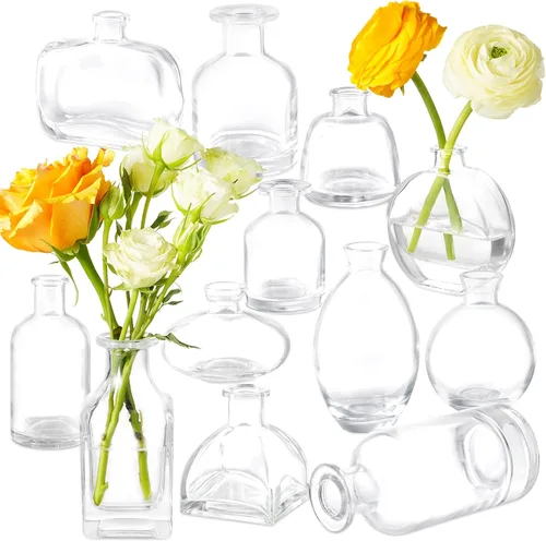 Juego de 12 jarrones pequeños, jarrón pequeño de vidrio transparente al por mayor, jarrones pequeños para centro de mesa, mini jarrón de flores