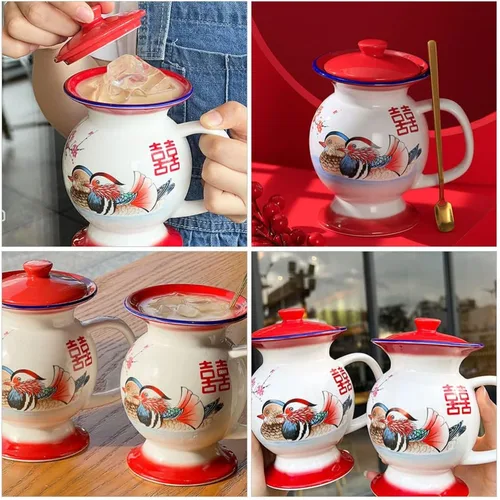 Miniatura 2 de SHERCHPRY Tazas de leche de cerámica, Taza en forma de escupitón con tapa, Tazas de broma, Tazas chinas retro de porcelana, Tazas de agua