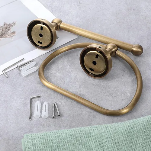 Miniatura 7 de Juego de 2 toallas de mano antiguas y soporte de papel higiénico, anillo de toalla de latón, colgador de rollo de pañuelos, anillo de toallas