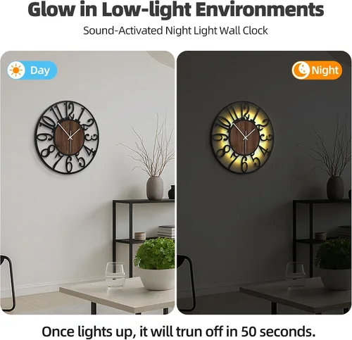 Miniatura 2 de Reloj de pared silencioso de 20 pulgadas con luz nocturna, reloj de pared decorativo que brilla en la oscuridad, funciona con pilas, relojes