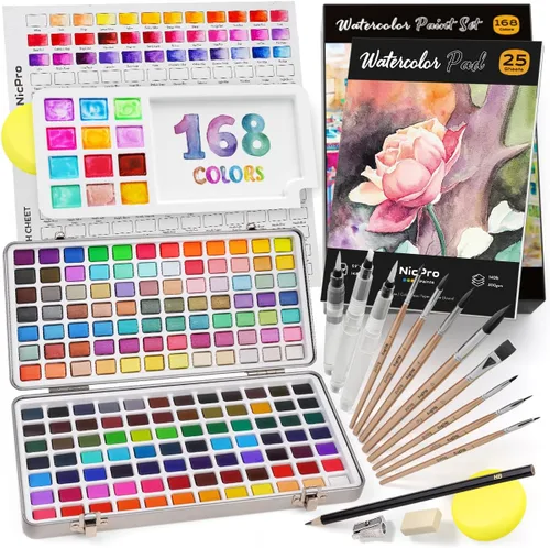 Miniatura 9 de Nicpro Juego de pintura de acuarela de 100 colores, macarrón metálico y fluorescente, 8 pinceles sintéticos de ardilla, 25 papel de acuarela