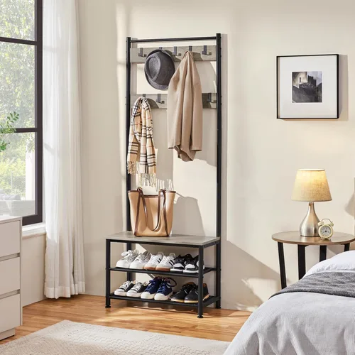 Miniatura 4 de Yaheetech Perchero, árbol de pasillo con banco de zapatos, almacenamiento de zapatos de entrada con perchero, 9 ganchos móviles, muebles de entrada