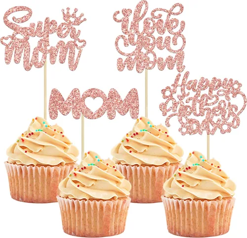 Miniatura 9 de Gyufise 1 pieza de decoración de pastel para el Día de la Madre con purpurina de corazón Love You Mom Cake Pick Rose Flower Best Mom Cupcake Decor