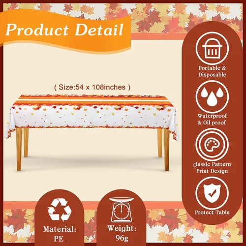 Miniatura 2 de Tegeme 3 manteles desechables de Acción de Gracias de 54 x 108 pulgadas, mantel de plástico para otoño, rectangular, impermeable, hojas de arce
