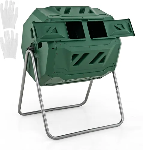 Miniatura 15 de Goplus Contenedor de compostaje, vaso de compostaje de doble cámara de 34.5 galones con 2 cámaras giratorias, puertas corredizas, compostador
