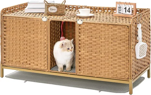 Miniatura 10 de SETVSON Mueble Caja de Arena para Gatos, Caja de Arena Oculta de Ratán Tejido a Mano con Alfombrilla, Casa Grande para Gatos con Patas Elevadas