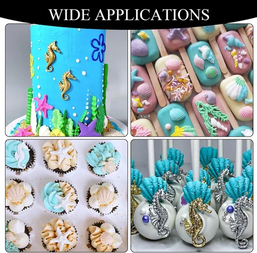 Miniatura 5 de Moldes para fondant de cuerno de concha, molde de conchas de chocolate con estrellas de mar marinas y tortugas para decoración de pasteles, arcilla