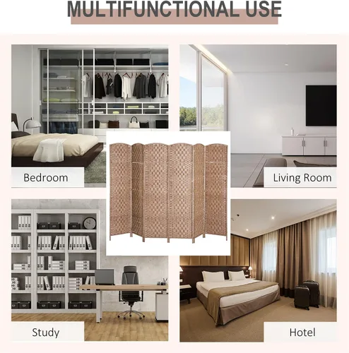 Miniatura 5 de HOMCOM Divisor de habitación, pantalla de privacidad plegable de 6 paneles, 6 pies de alto, portátil, de tejido de mimbre, divisor de pared