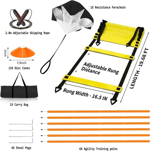 Miniatura 2 de Vztipki Speed & Agility Training Equipment-20ft Agility Ladder, 6 Poles, 12 Soccer Cones, Resistance Parachute, Jump Rope, Soccer Football Amarillo