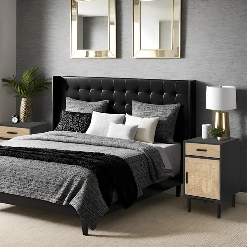 Miniatura 2 de Finnhomy Juego de 2 mesitas de noche altas, mesita de noche, juego de 2 con cajón y estante, puertas decoradas a mano, mesitas de noche con Negro