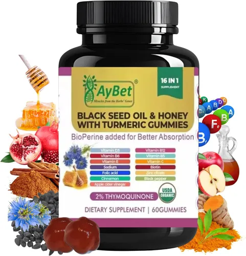 Gomitas de aceite de semillas negras y miel con cúrcuma – Suplemento 16 en 1 con vitaminas D3, B12, biotina y zinc – USDA orgánico, halal, vegano,