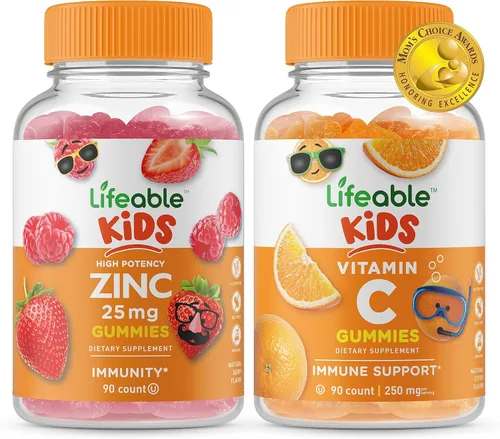 Lifeable Zinc 25mg Kids + Vitamina C Kids - Paquete de gomitas de gran sabor, suplemento vitamínico, sin gluten, sin OMG, gomita masticable