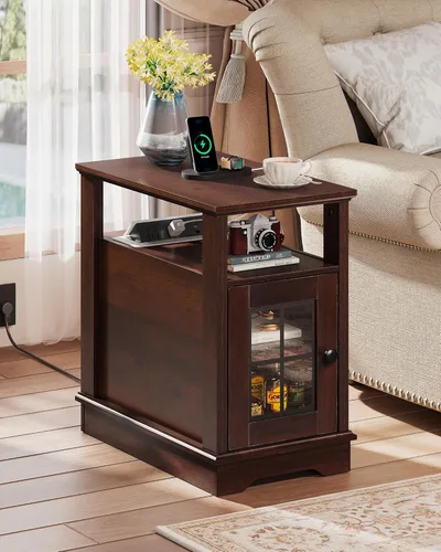 Miniatura 7 de WLIVE Mesa auxiliar de estilo granja con estación de carga, mesa lateral estrecha con almacenamiento, mesita de noche pequeña con puertos USB