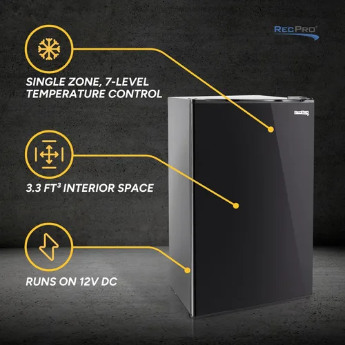 Miniatura 6 de RecPro Refrigerador RV de 3.3 pies cúbicos de 12 V Refrigerador negro con estantes ajustables, almacenamiento en puerta para 18 latas, puerta