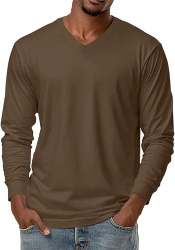 Miniatura 14 de Camiseta para hombre, manga larga, cuello en V, color liso, informal, básica, suave, elástica, M-3XL