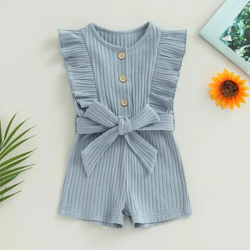 Miniatura 2 de AEEMCEM Mameluco corto para bebé niña con volantes, sin mangas, con botones, cinturón, traje de verano