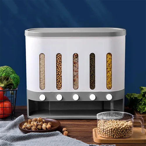 Dispensador de alimentos secos para montaje en pared, dispensador de granos de café de arroz para encimera de 5 rejillas, dispensador de cereales de