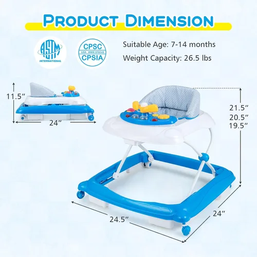 Miniatura 7 de BABY JOY Andador de bebé, caminador de actividad plegable 4 en 1 con altura ajustable, música, luces, caminador de empuje antivuelco para niños