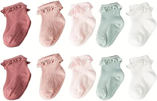 5 pares de calcetines antideslizantes antideslizantes para bebés y niñas pequeñas de encaje con rayas de flores