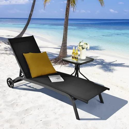 Miniatura 5 de COSTWAY Tumbona para exteriores con ruedas, silla de bronceado ajustable de 6 posiciones con marco de aluminio estable, silla de descanso portátil