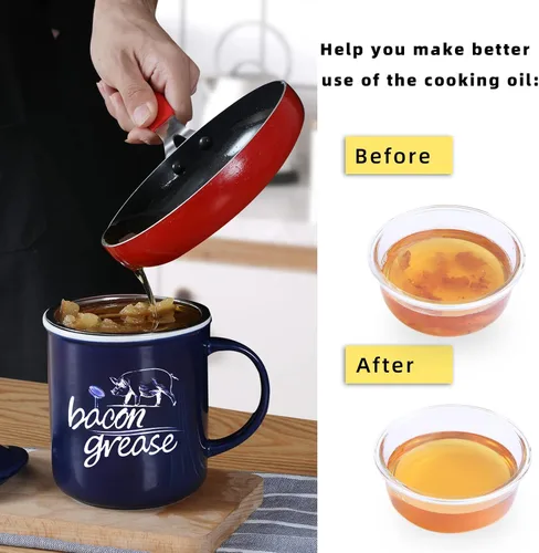 Miniatura 4 de ONTUBE Recipiente de grasa de tocino de cerámica con colador, contenedor de grasa para almacenamiento de aceite de cocina, azul marino