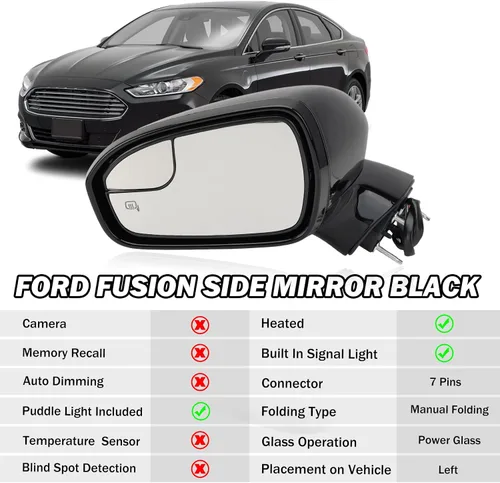 Miniatura 3 de Espejo Lateral Izquierdo del Conductor para Ford Fusion Sedan S SE SE Híbrido 2013 2014 2015 2016, Espejo Eléctrico con Calefacción, Luz de Señal
