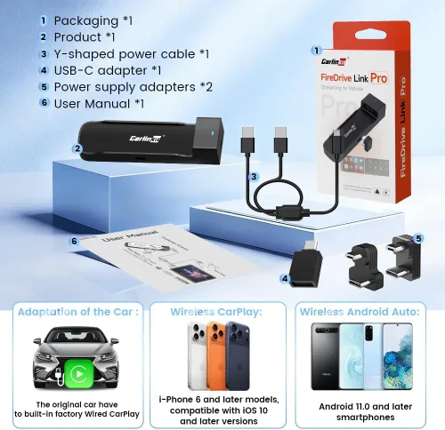 Miniatura 8 de Carlinkit FireDrive Link Pro Car TV Mate, convertido con cable a Android inalámbrico Auto y adaptador CarPlay, compatible con CarPlay con cable