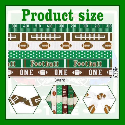 Miniatura 2 de 6 rollos de cinta de fútbol de 18 yardas para manualidades, lazos de corona, cintas de grograin con temática deportiva de 3/8 pulgadas, cinta