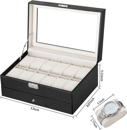 Miniatura 7 de Oyydecor Caja de reloj con 12 ranuras para relojes, organizador de joyas con cajón de joyas para almacenamiento y exhibición con cerradura (beige)