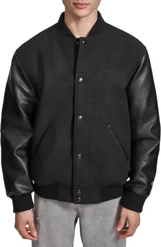 Champion Men's Letterman Varsity Bomber Jacket With Faux Leather Sleeves