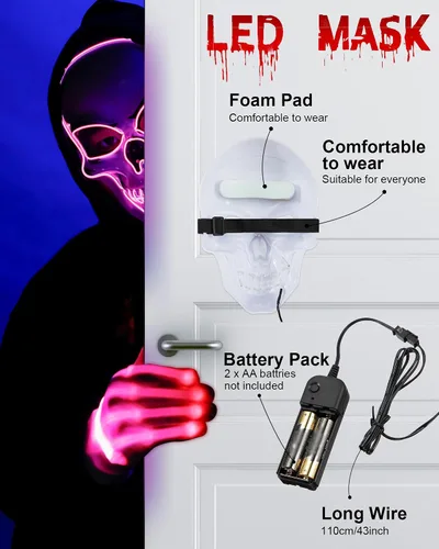 Miniatura 4 de Sumind Máscara LED de Halloween, esqueleto LED aterrador, hacker de purga que brilla en la oscuridad, para fiesta de disfraces de Halloween (rosa)