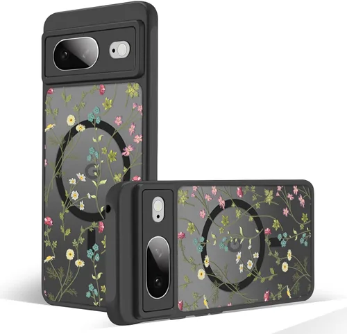 Miniatura 14 de Funda magnética para Google Pixel 10A [Compatible con MagSafe] Funda con patrón floral de flores negras para mujeres y niñas, con borde de TPU Rama