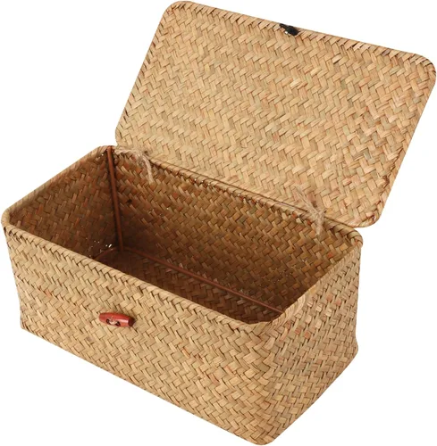 Miniatura 7 de Moosky Cestas de mimbre con tapa, cesta tejida a mano de pastos marinos para cestas de almacenamiento, cajas de regalo rectangulares para el hogar