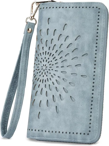 Miniatura 13 de APHISON Billetera para mujer, gran capacidad, monedero, tarjetero, RFID, pulsera, teléfono, cremallera, moneda, bolsillo de viaje azul