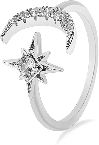 Anillos de luna cúbica para mujer anillo abierto AAAA circonita cúbica luna y estrella abierta ajustable para EE UU 5-9 Metal Metal Cristal Zirconia
